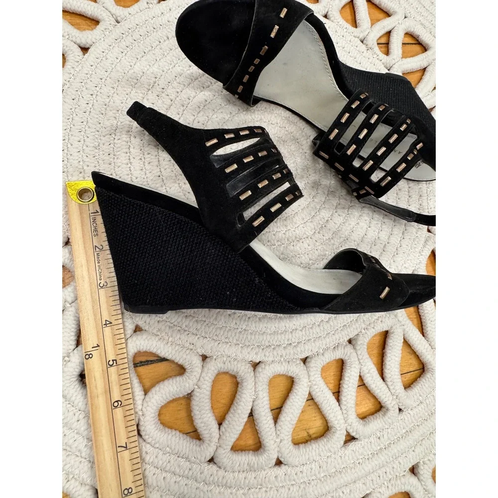Anne‎ Klein Aktrisa Black Leather Gold Studded Wedge Sandals Sz 8M